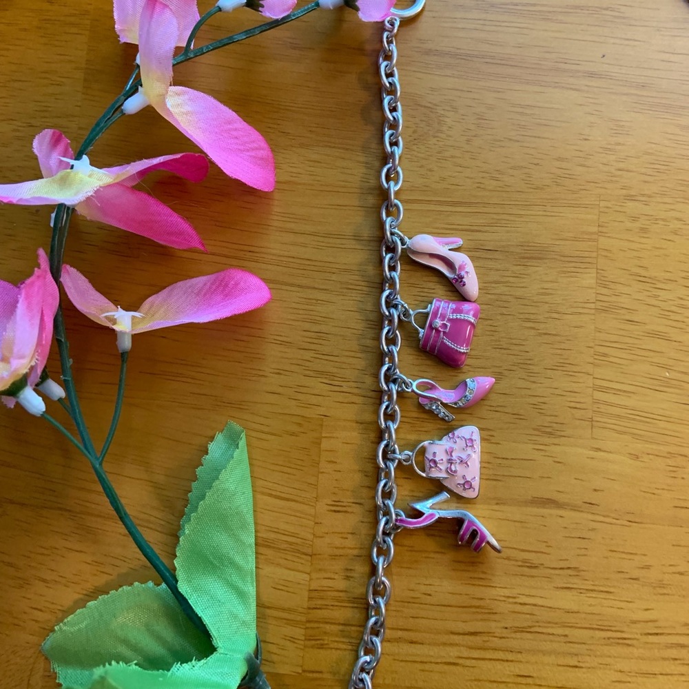 Silver-tone and enamel girlie charm bracelet with shoe and purse charms, 7.5 in.